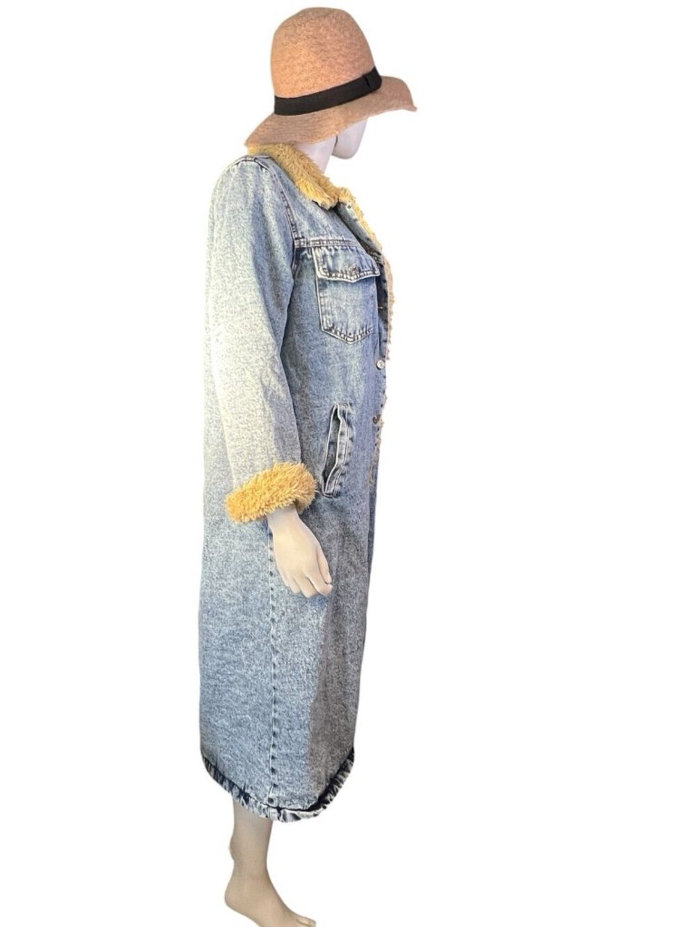 vtg sherpa lined light wash long denim coat jean jacket duster sz S - Picture 4 of 13